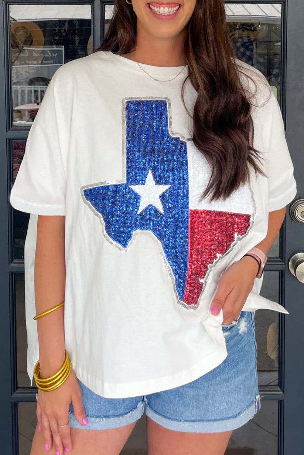 White Sequined Texas Graphic T Shirt