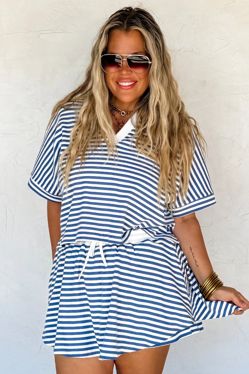 Blue Stripe Short Sleeve Collared V Neck Top Skort Set