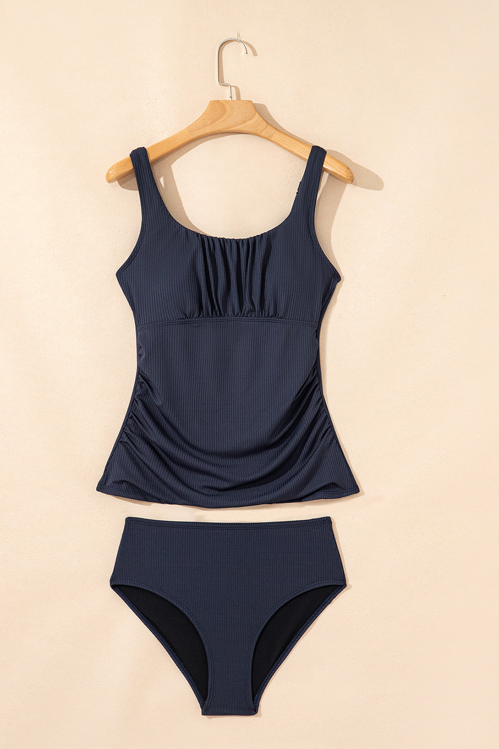 Navy Blue Ruched U Neck Ribbed Tankini