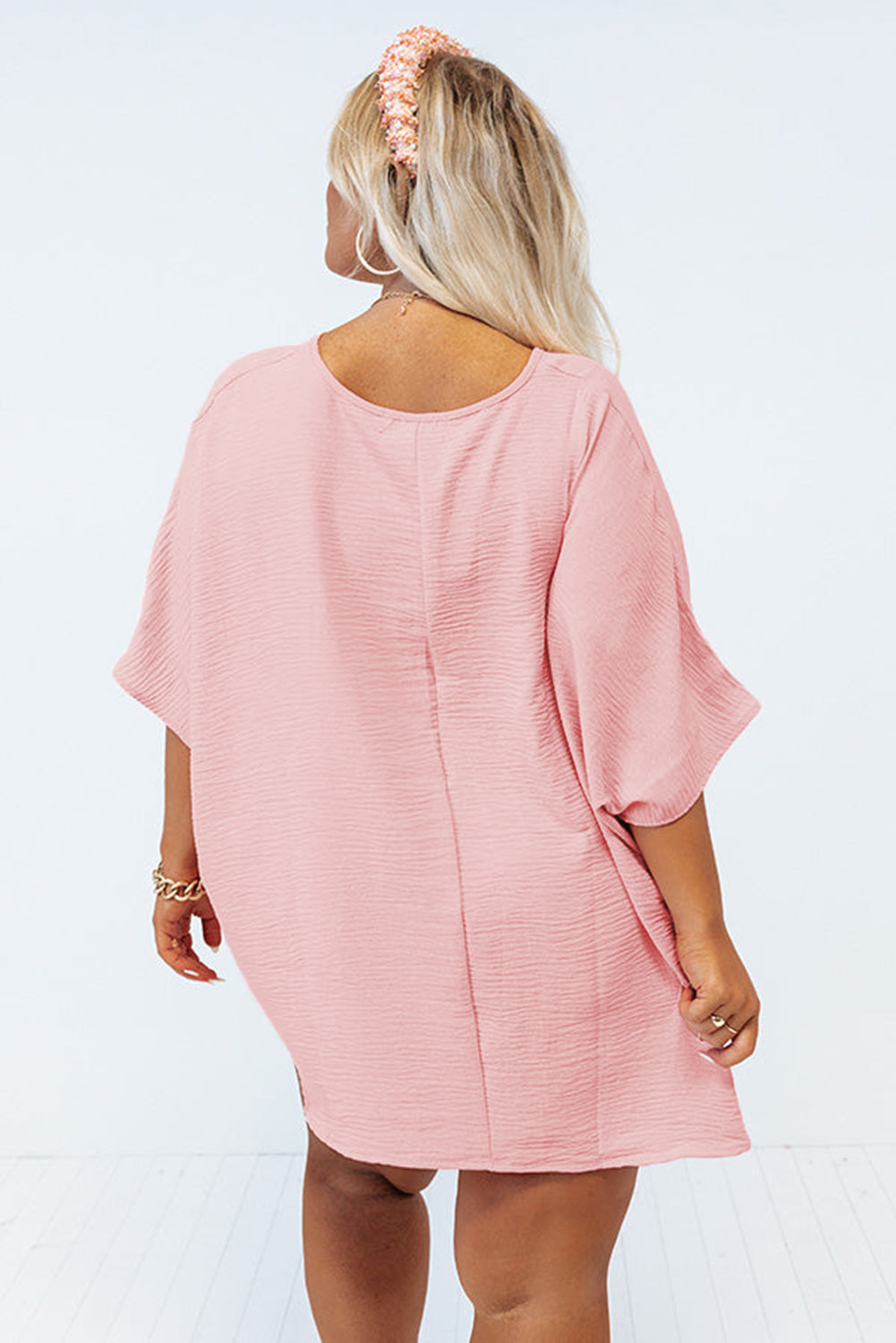 Pink Textured Half Sleeve V Neck T Shirt with Chest Pocket