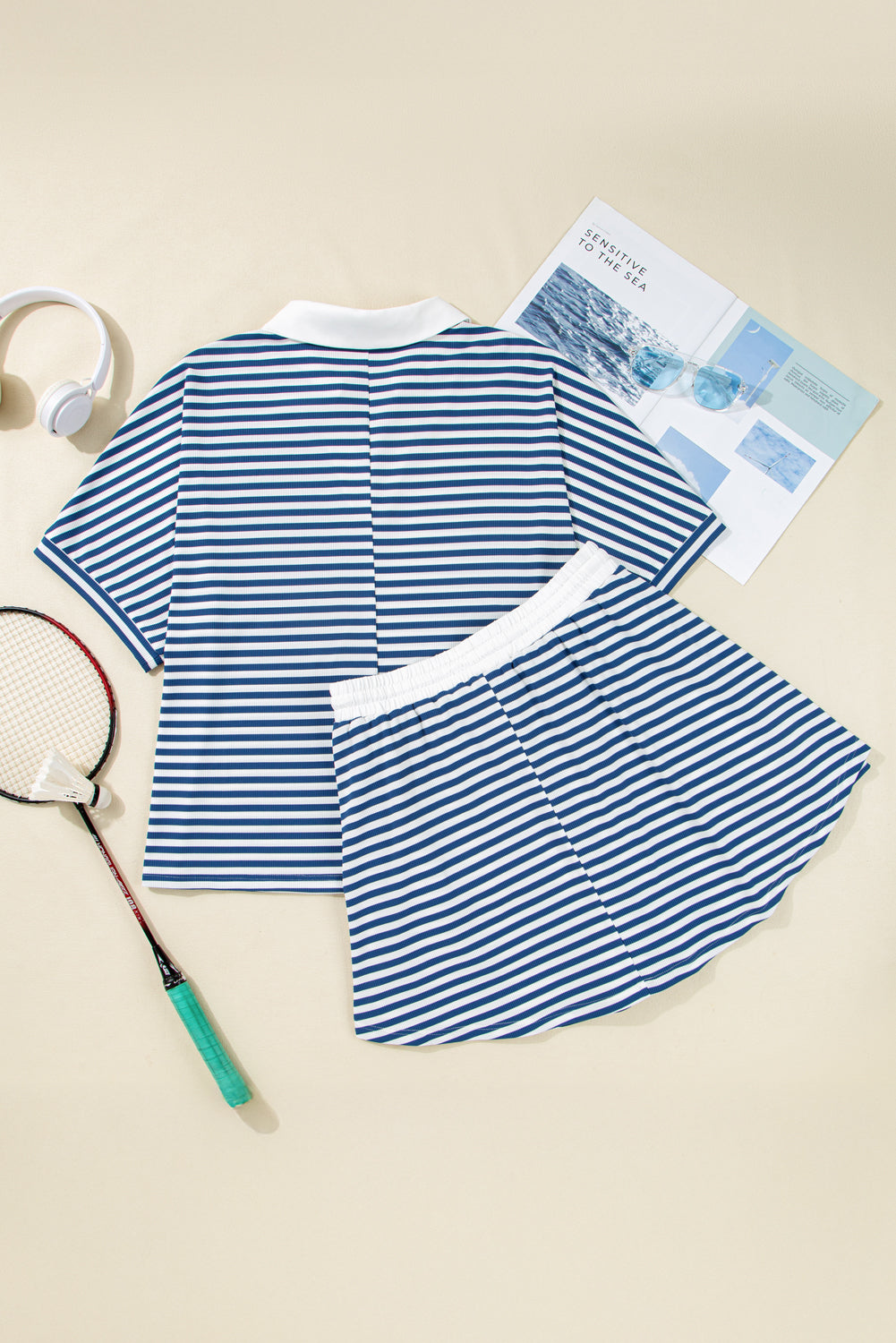 Blue Stripe Short Sleeve Collared V Neck Top Skort Set