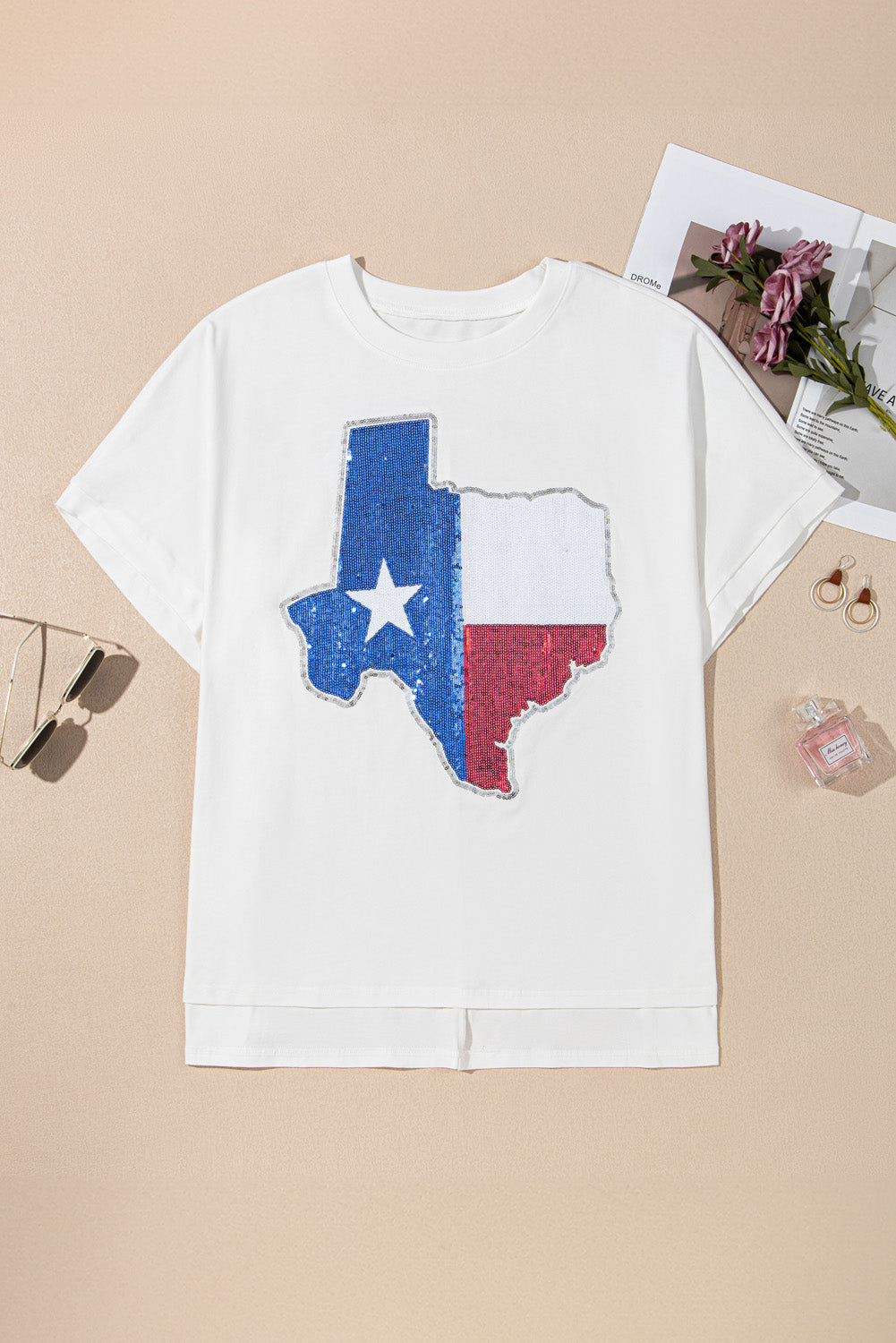 White Sequined Texas Graphic T Shirt