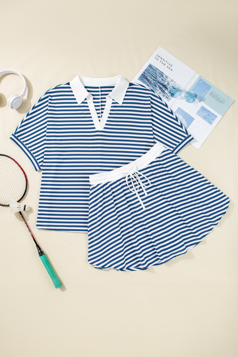 Blue Stripe Short Sleeve Collared V Neck Top Skort Set
