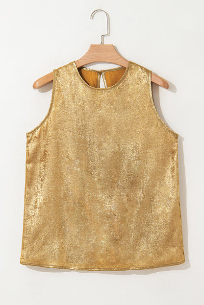 Gold Metal Textured Round Neck Casual Tank Top