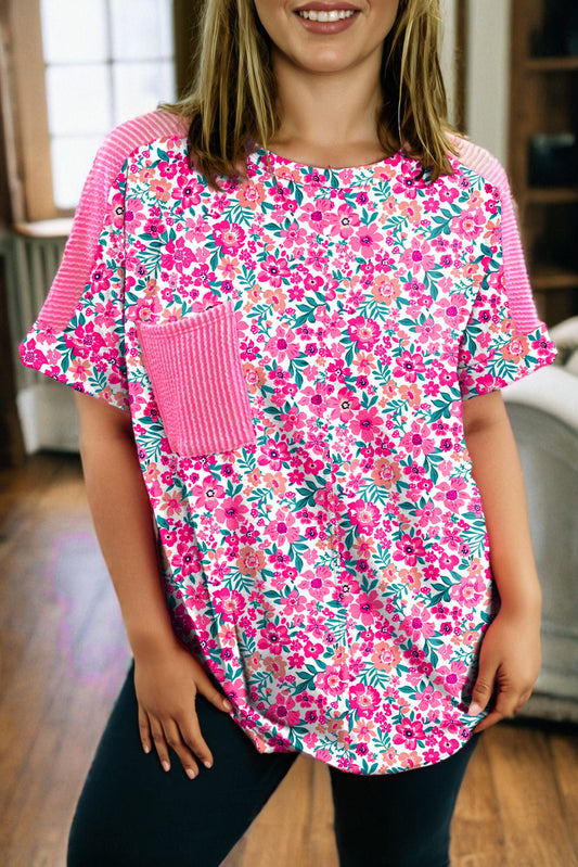 Pink Floral Print Corded Patchwork Loose Top
