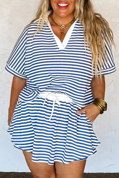 Blue Stripe Short Sleeve Collared V Neck Top Skort Set