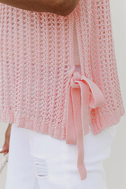 Pink Hollow-out Crochet Side Tied Short Sleeve Sweater