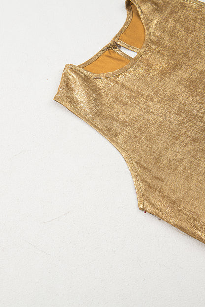 Gold Metal Textured Round Neck Casual Tank Top