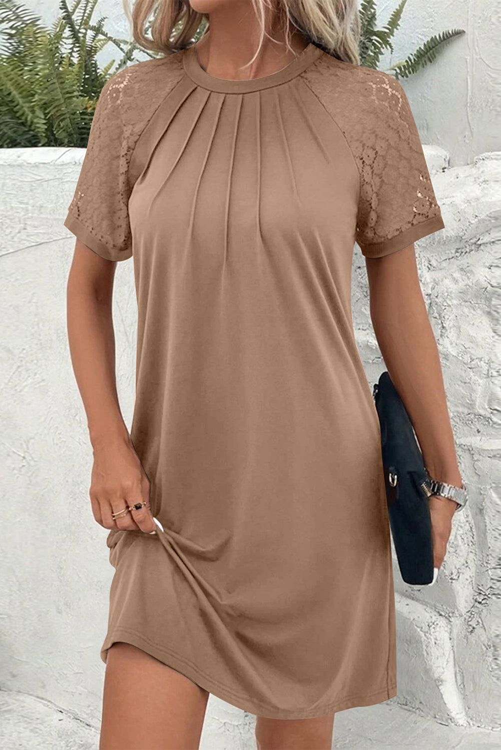 Light French Beige Contrast Lace Raglan Sleeve Pleated Detail Shift Dress