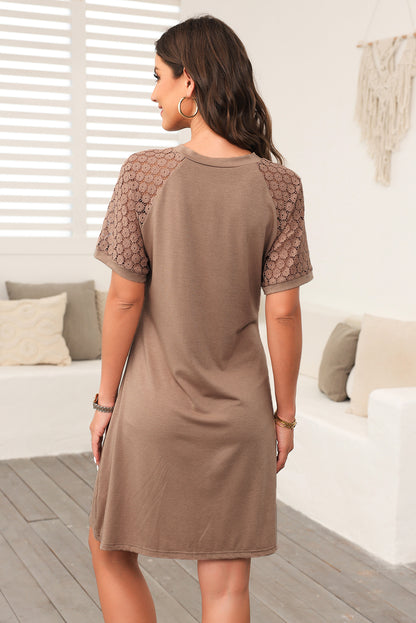 Light French Beige Contrast Lace Raglan Sleeve Pleated Detail Shift Dress