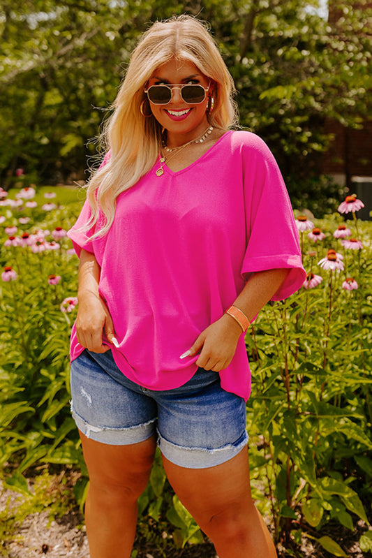 Bright Pink Seamed Back High Low Hem V Neck Cuffed Sleeve Tee