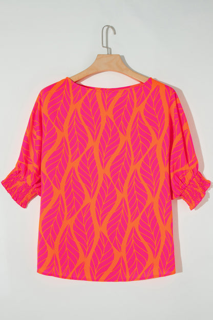 Rose Leafy Printed Smocked Lantern Sleeve Blouse