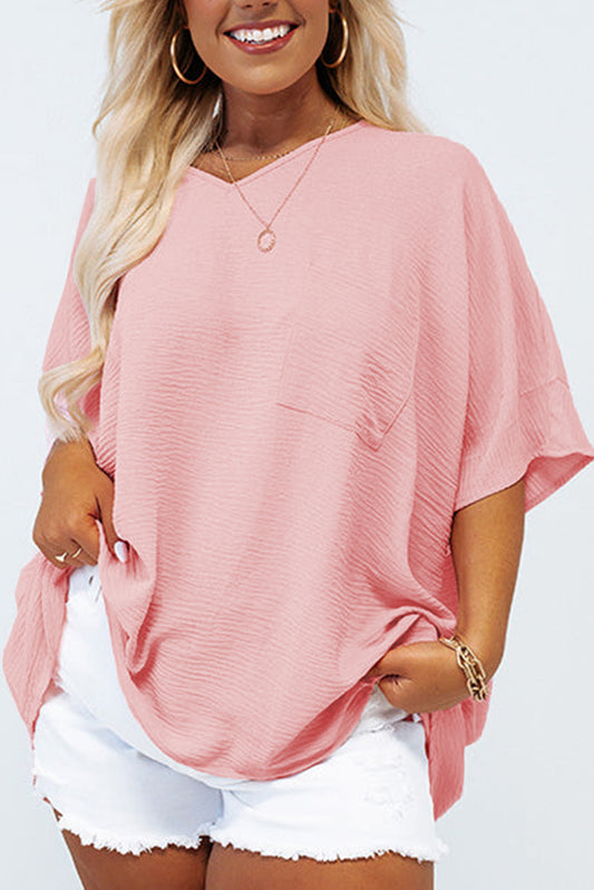 Pink Textured Half Sleeve V Neck T Shirt with Chest Pocket