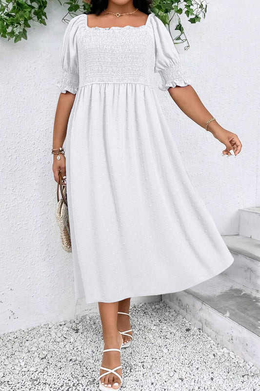 White Swiss Dot Smocked Frilled Neckline Short Sleeve Dress