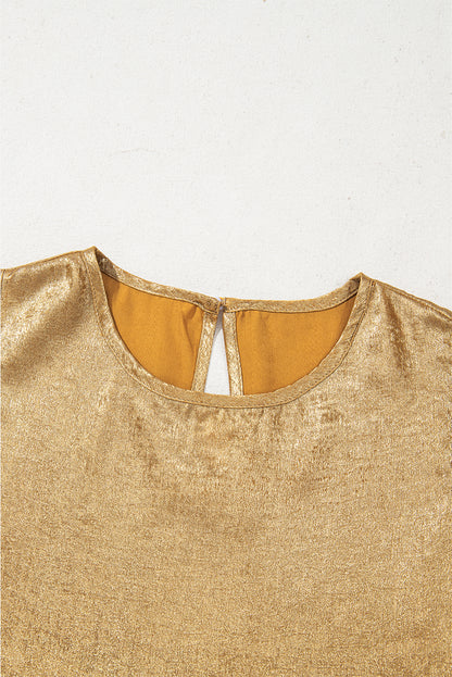 Gold Metal Textured Round Neck Casual Tank Top