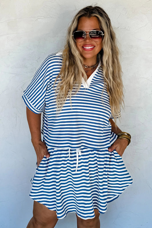 Blue Stripe Short Sleeve Collared V Neck Top Skort Set