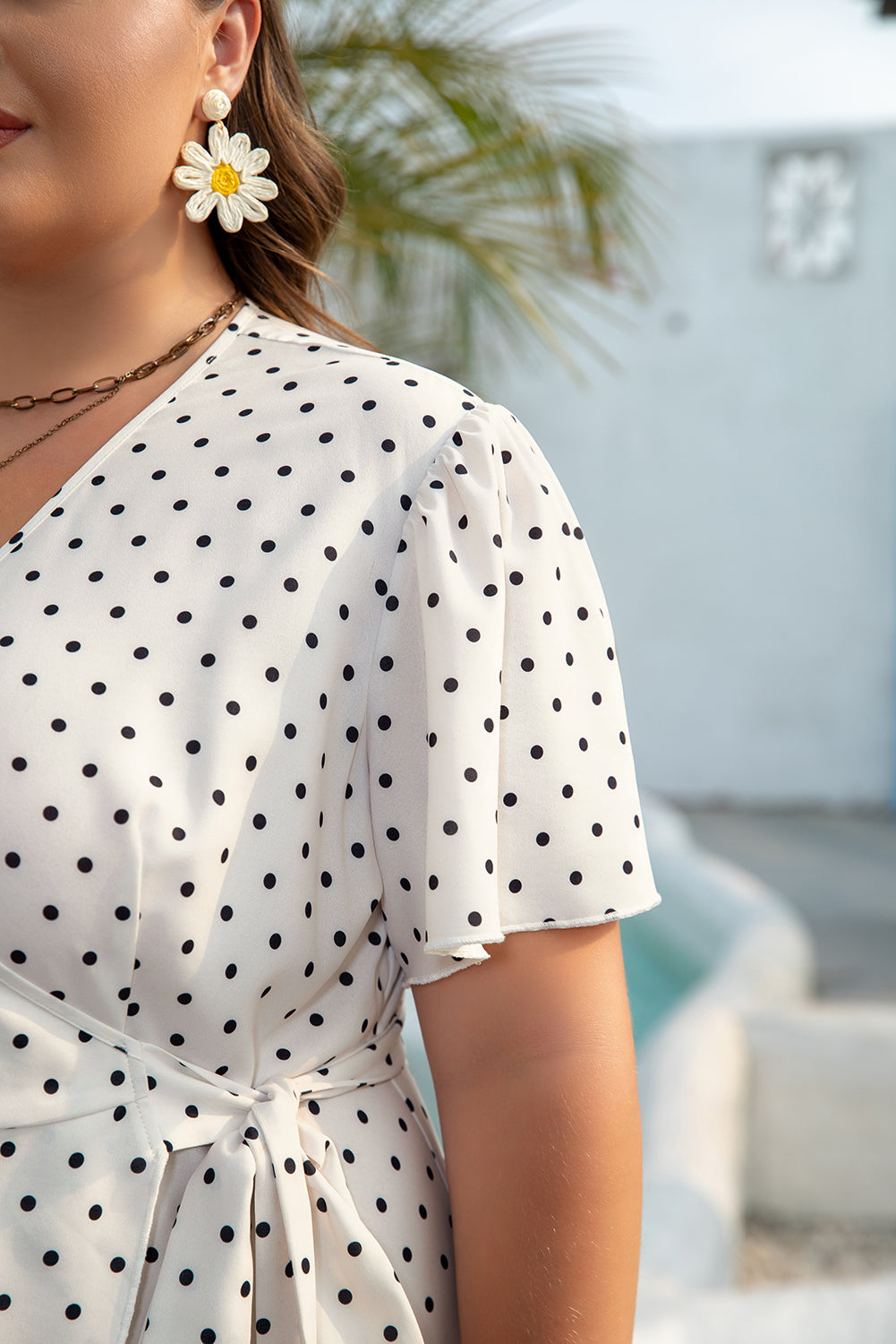 Khaki Polka Dot Surplice V Neck Tied Waist Flutter Sleeve Flowy Midi Dress